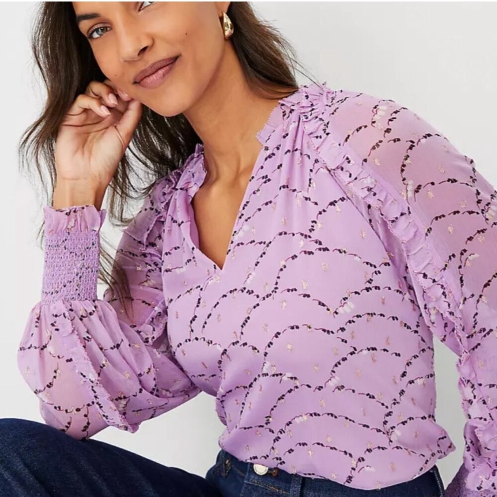 Ann Taylor purple and gold print long sleeve blouse ruffle neck